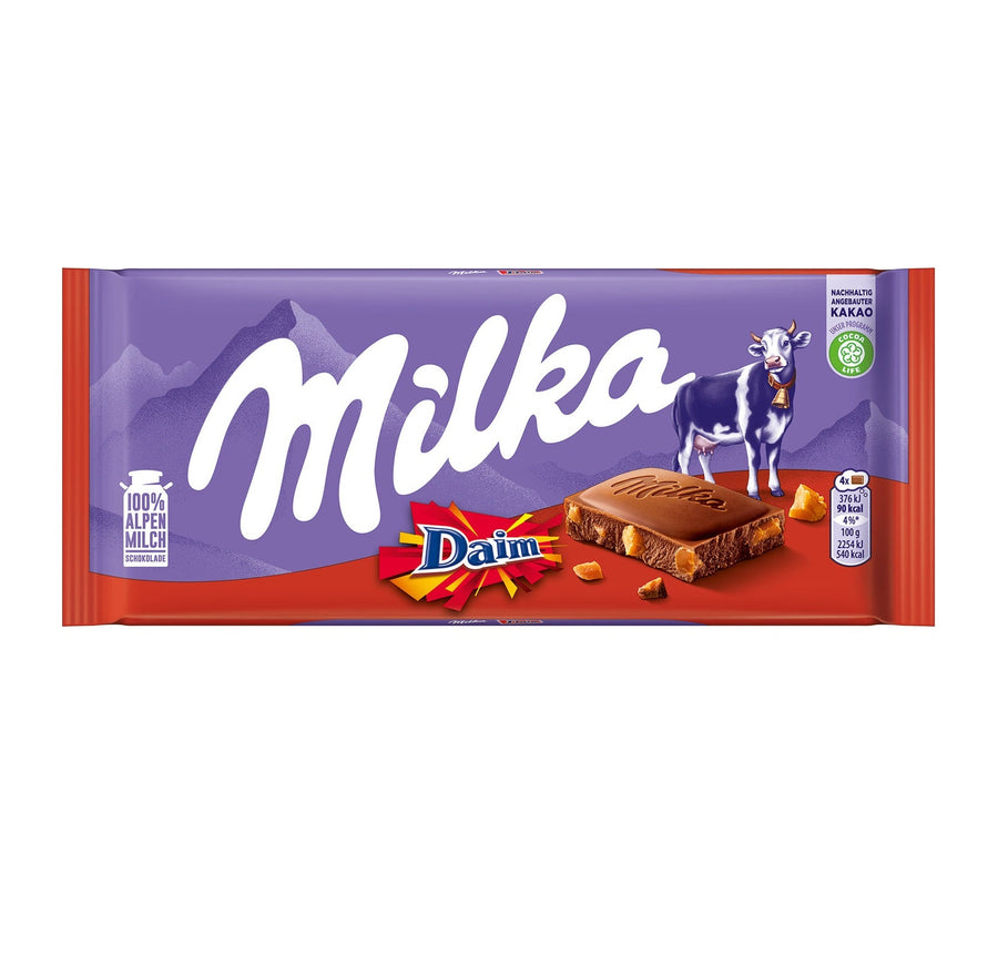 Milka Daim 100 g Alpenmilch Schokolade mit Mandel-Karamell-Stückchen – Produktansicht