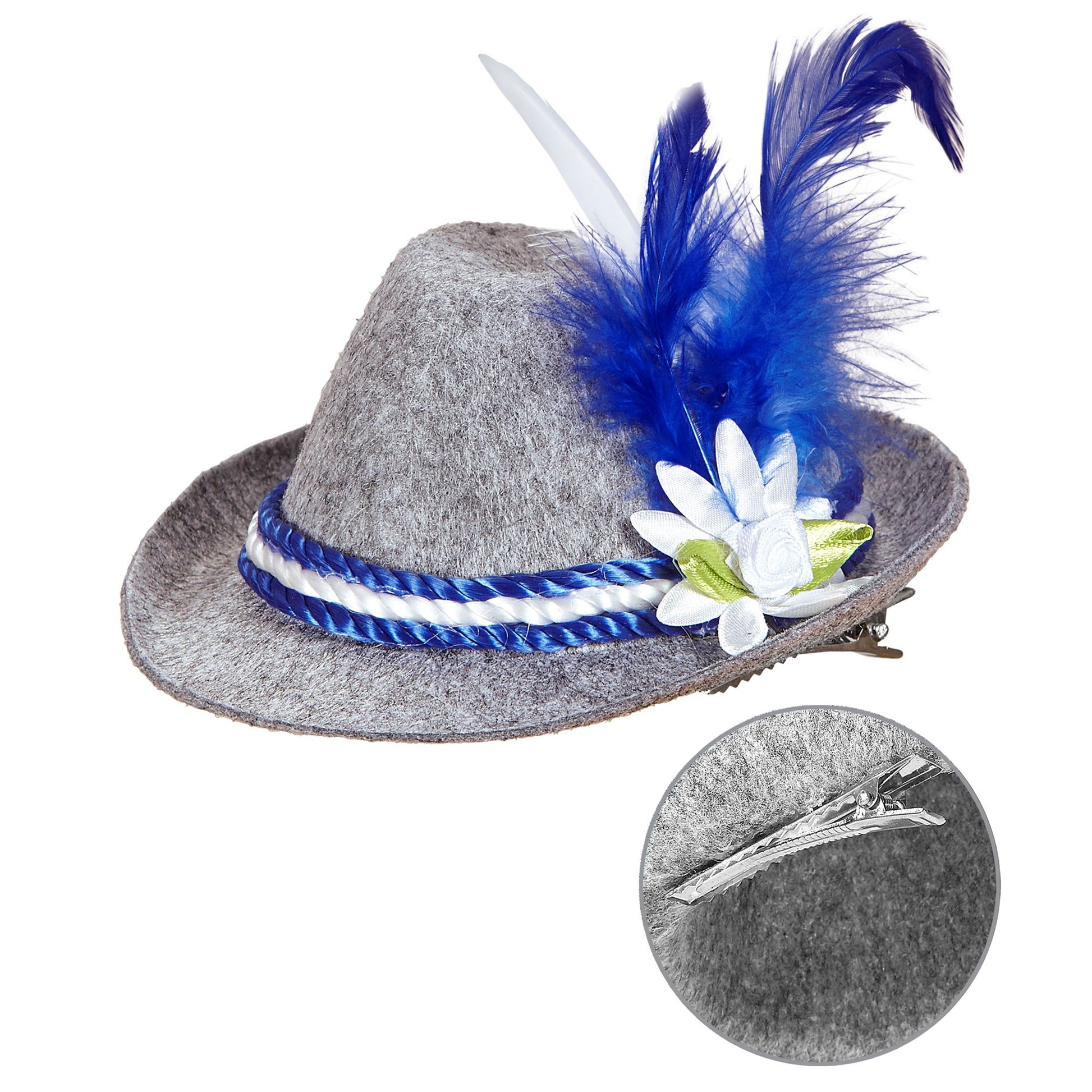 "MINIFEDORA BAYRISCH MIT EDELWEISS & FEDERN" Filz – Vorderansicht