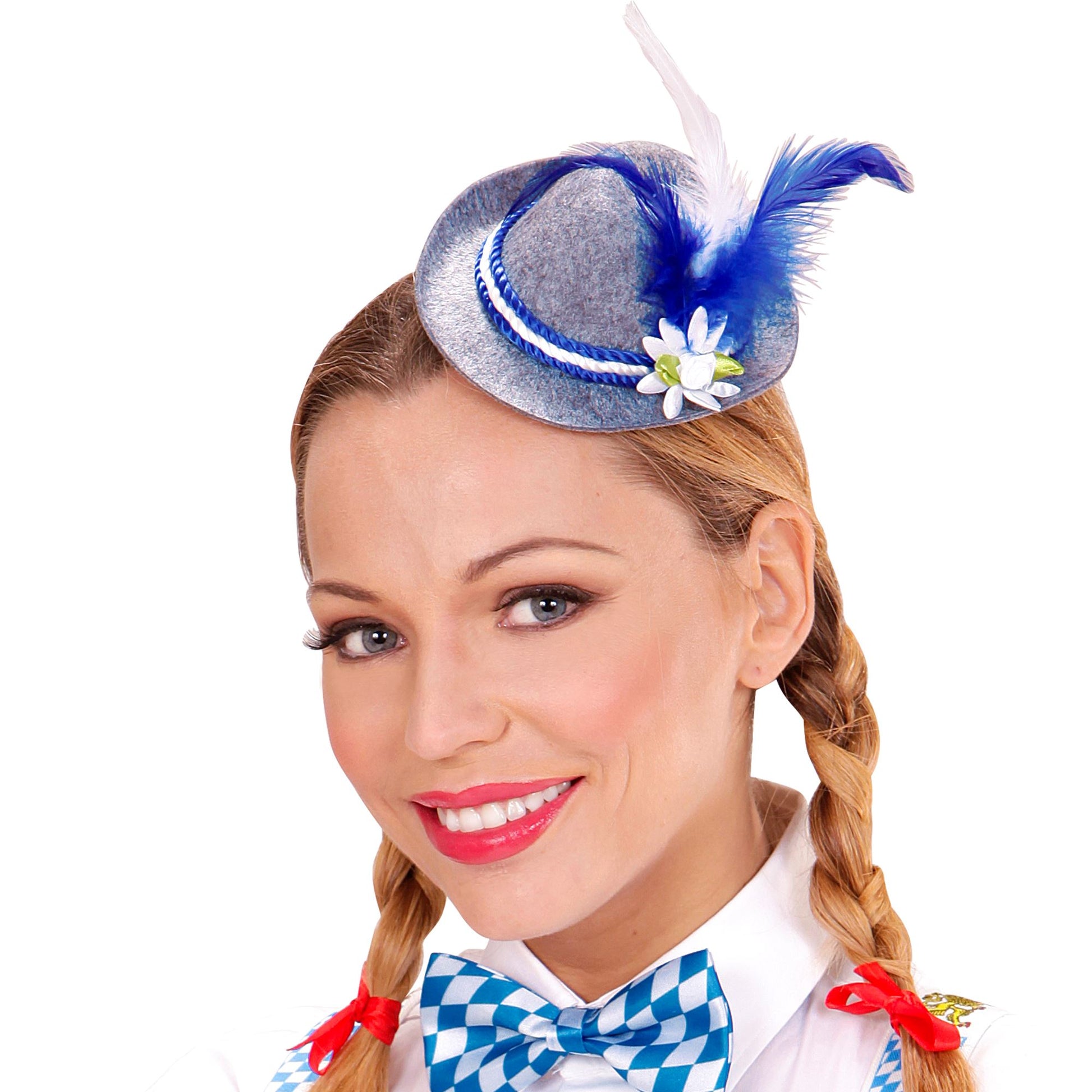 "MINIFEDORA BAYRISCH MIT EDELWEISS & FEDERN" Filz – Detailansicht