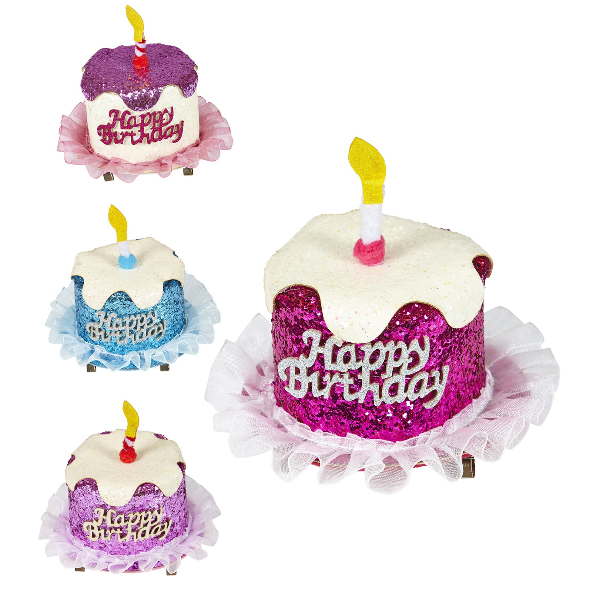 "MINIHÜTE HAPPY BIRTHDAY MIT HAARCLIP" 4 Farben sortiert – Vorderansicht