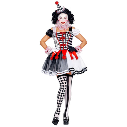 "MISS HARLEKIN" (Kleid, Clownkragen, Manschetten, Minihut) – Vorderansicht