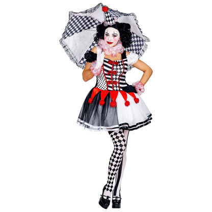 "MISS HARLEKIN" (Kleid, Clownkragen, Manschetten, Minihut) – Detailansicht