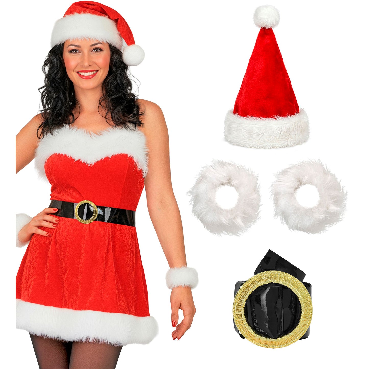 "MISS SANTA" aus Samt (Kleid, Gürtel, Hut, Armbänder aus Plüsch) – Detailansicht