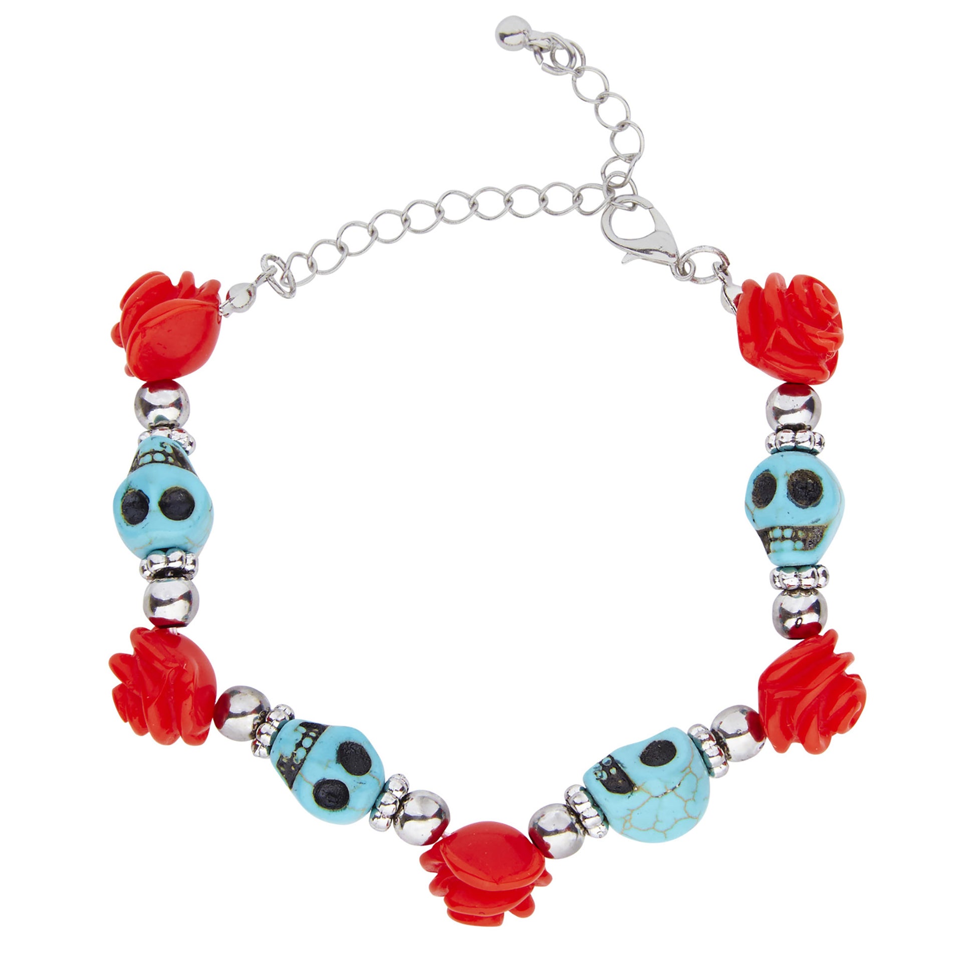 "MIT PERLEN VERSETZTES ARMBAND MIT ROTER ROSE UND HELLBLAUEN TOTENKÖPFEN" – Vorderansicht