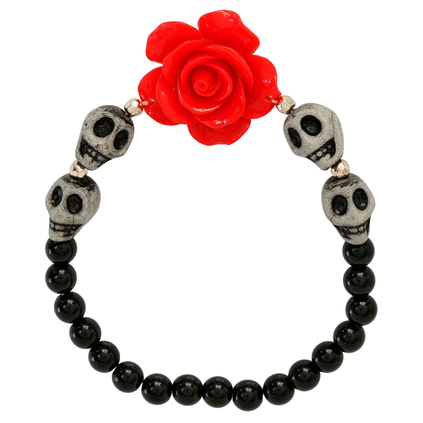 "MIT PERLEN VERSETZTES ARMBAND MIT ROTER ROSE UND WEISSEN TOTENKÖPFEN" – Vorderansicht