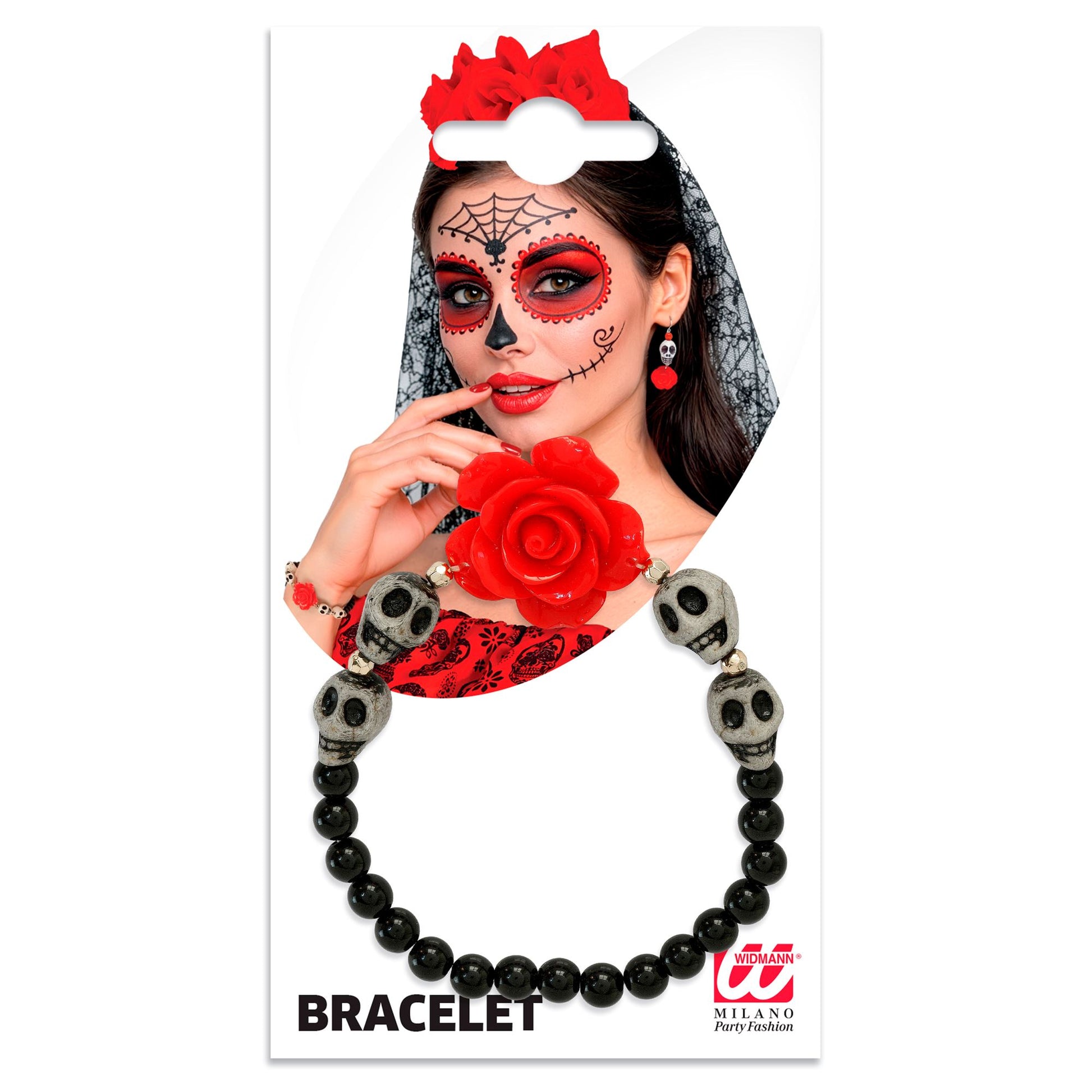 "MIT PERLEN VERSETZTES ARMBAND MIT ROTER ROSE UND WEISSEN TOTENKÖPFEN" – Ansicht 3