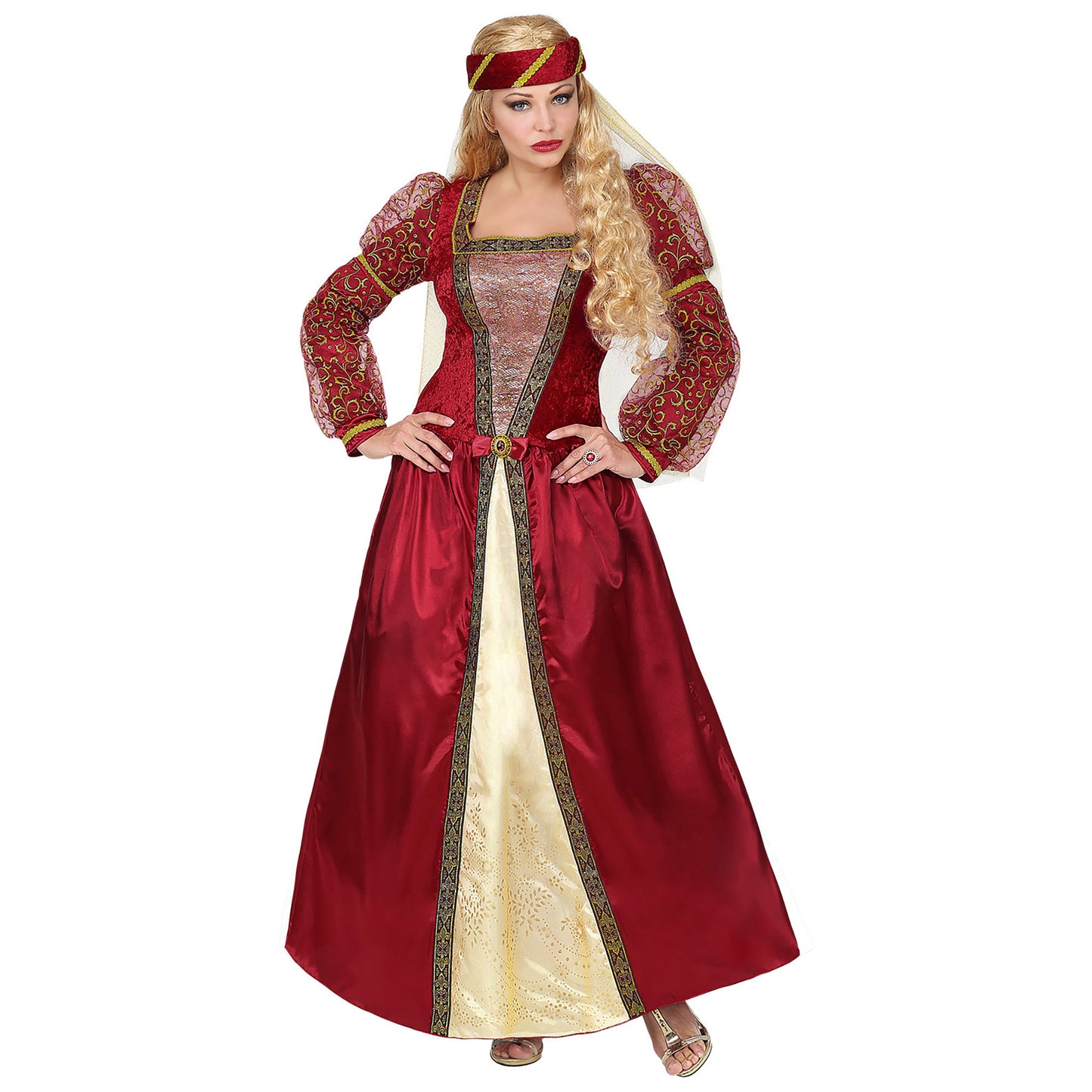 "MITTELALTER PRINZESSIN" (Kleid mit Unterrock & Reifrock, Kopfschmuck mit Schleier) – Vorderansicht