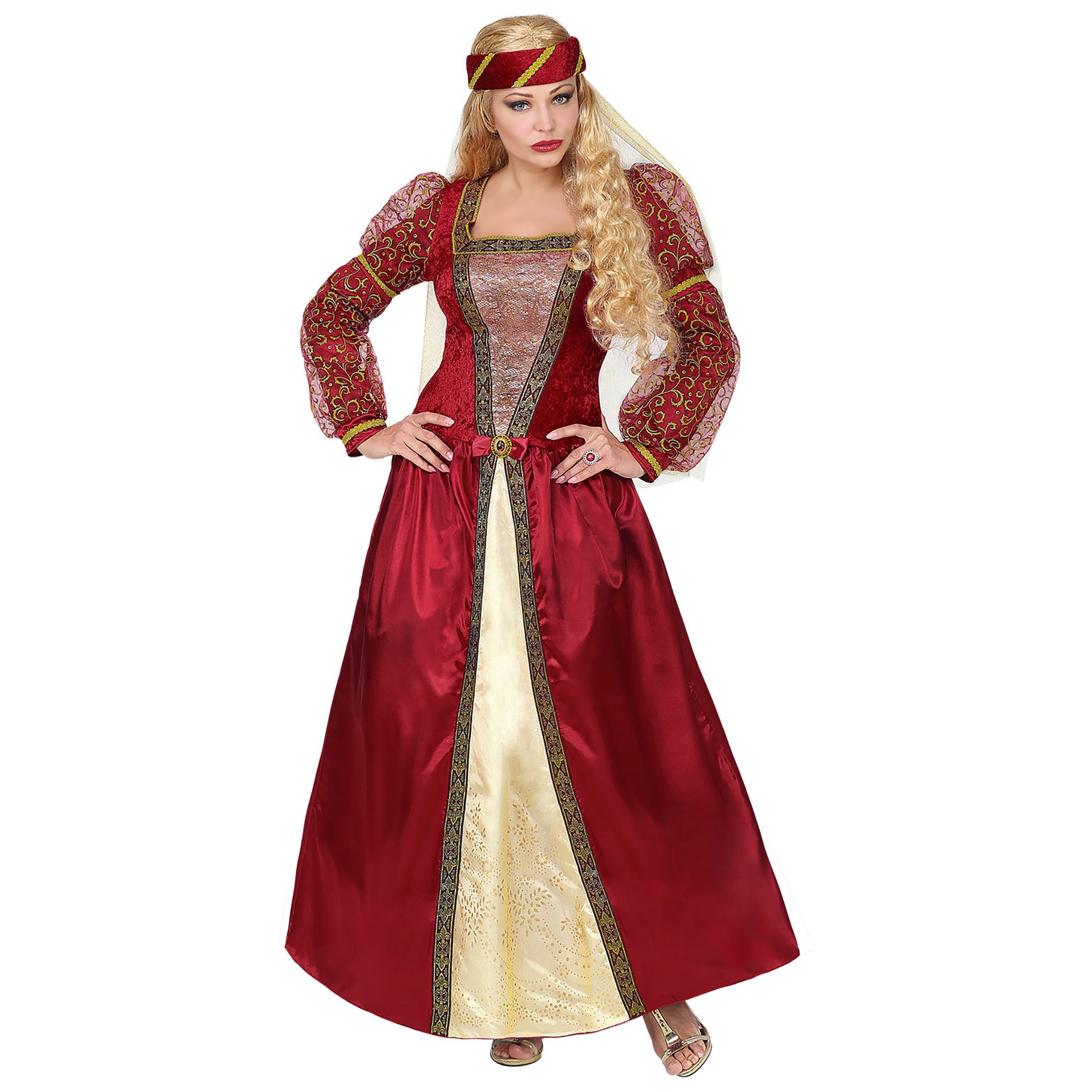 "MITTELALTER PRINZESSIN" (Kleid mit Unterrock & Reifrock, Kopfschmuck mit Schleier) – Vorderansicht