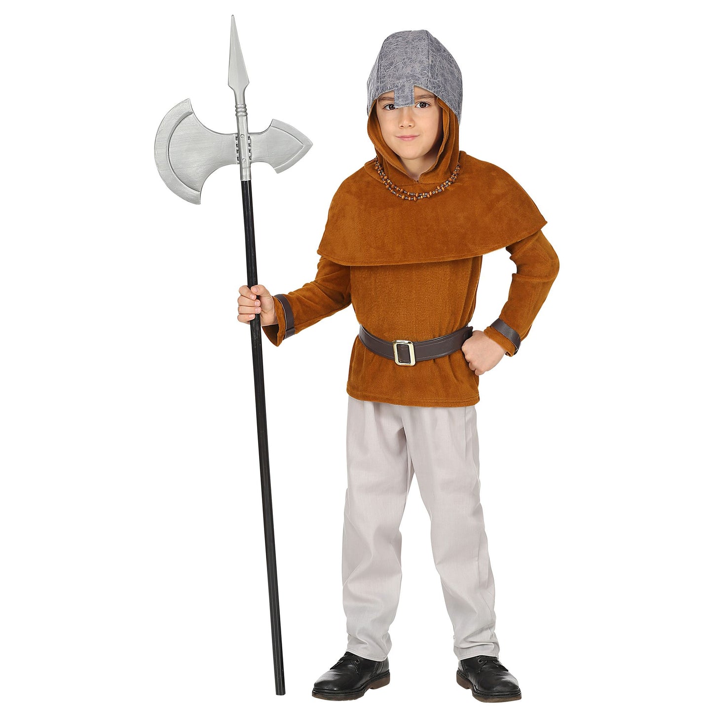 "MITTELALTER RITTER" (Oberteil, Hose, Gürtel, Umhang mit Kapuze, Helm) – Vorderansicht