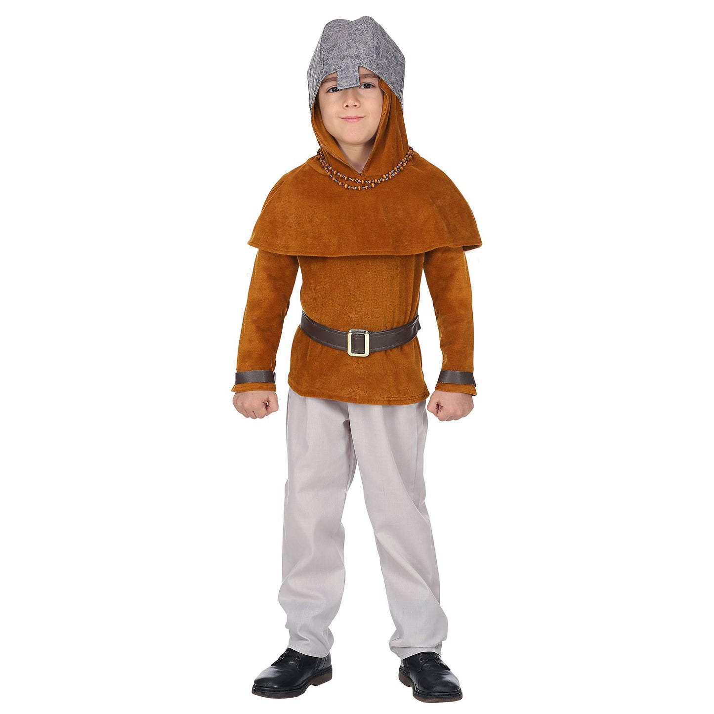 "MITTELALTER RITTER" (Oberteil, Hose, Gürtel, Umhang mit Kapuze, Helm) – Detailansicht