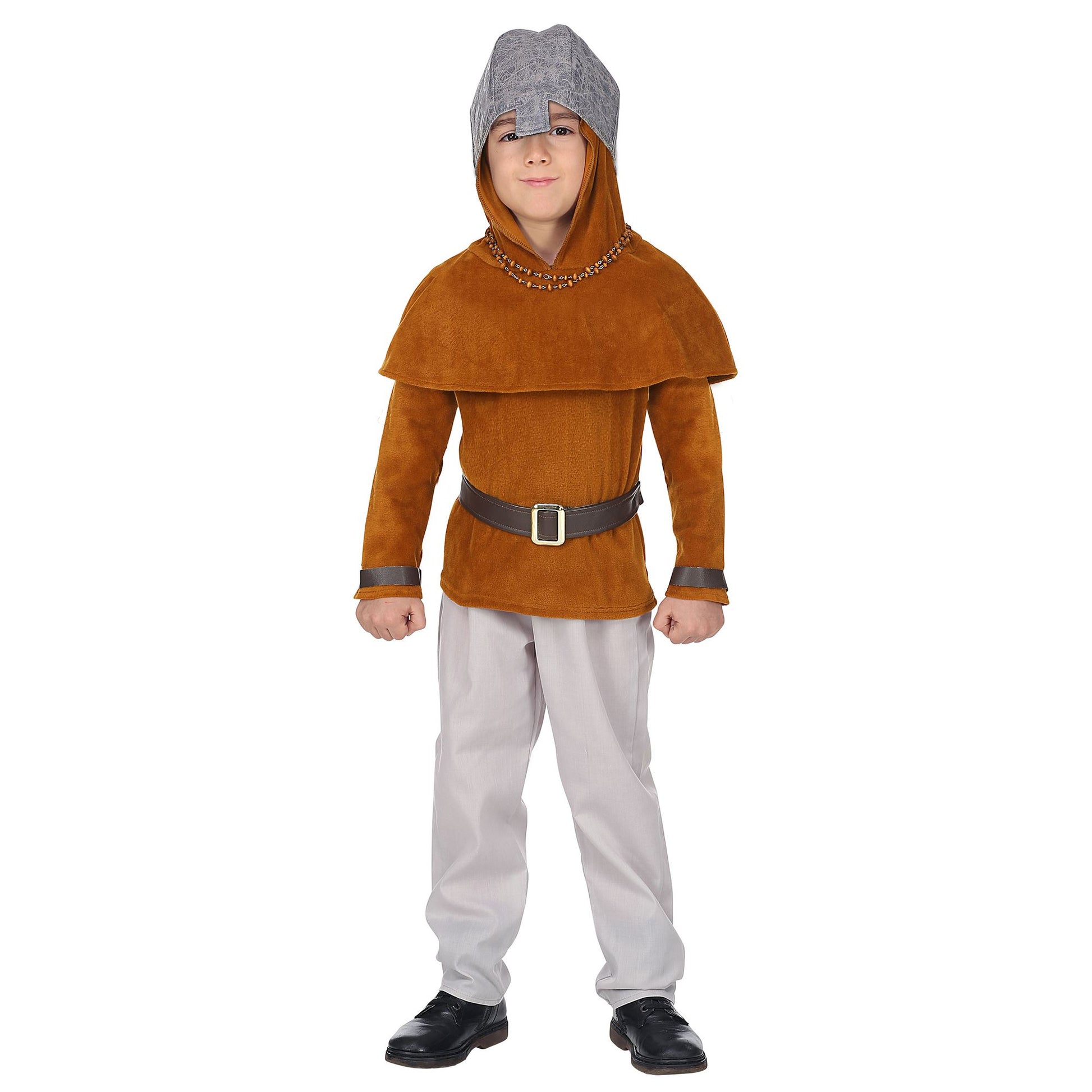 "MITTELALTER RITTER" (Oberteil, Hose, Gürtel, Umhang mit Kapuze, Helm) – Detailansicht