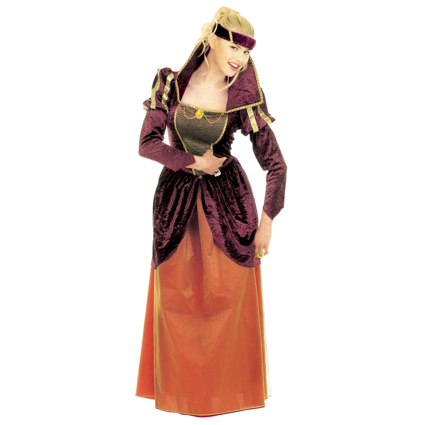 "MITTELALTERLICHE KÖNIGIN" (Kleid, Kopfbedeckung) – Vorderansicht