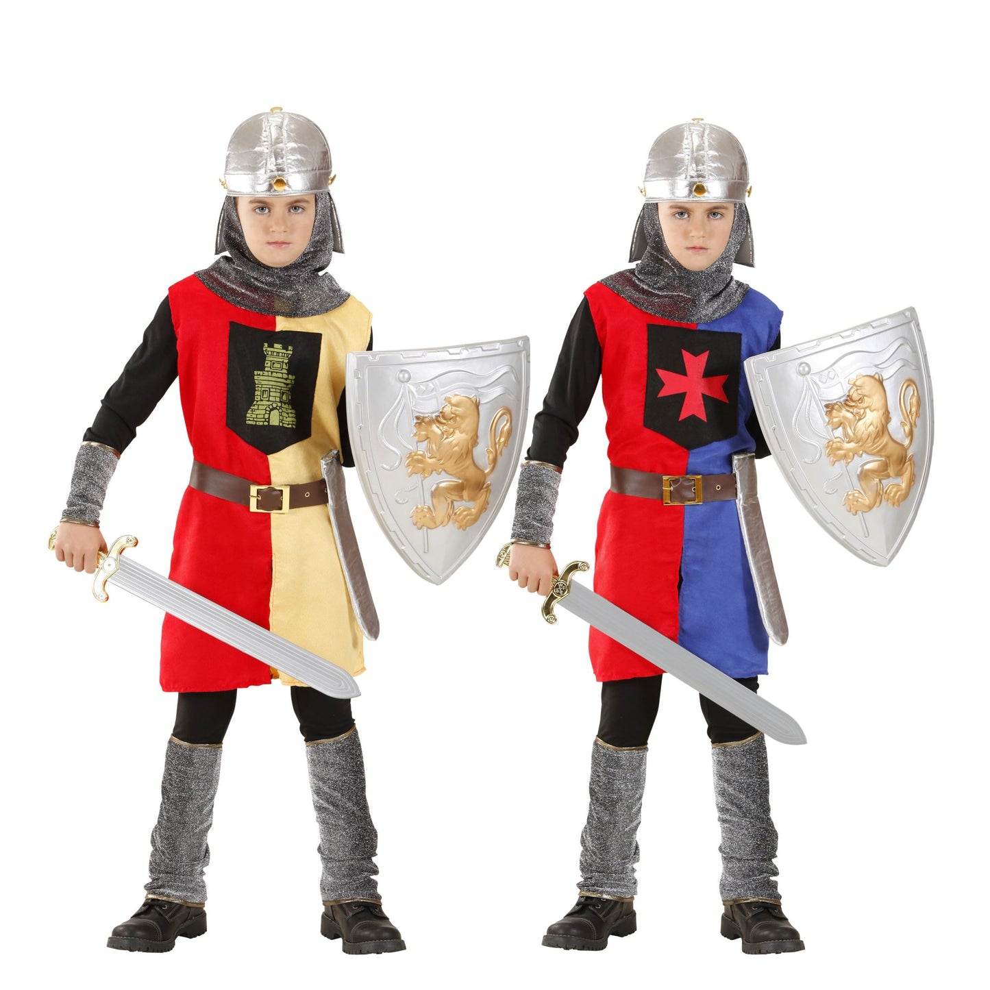 "MITTELALTERLICHE RITTER" in 2 Farben sort. - (Tunica, Gürtel mit Tasche, Helm) – Vorderansicht