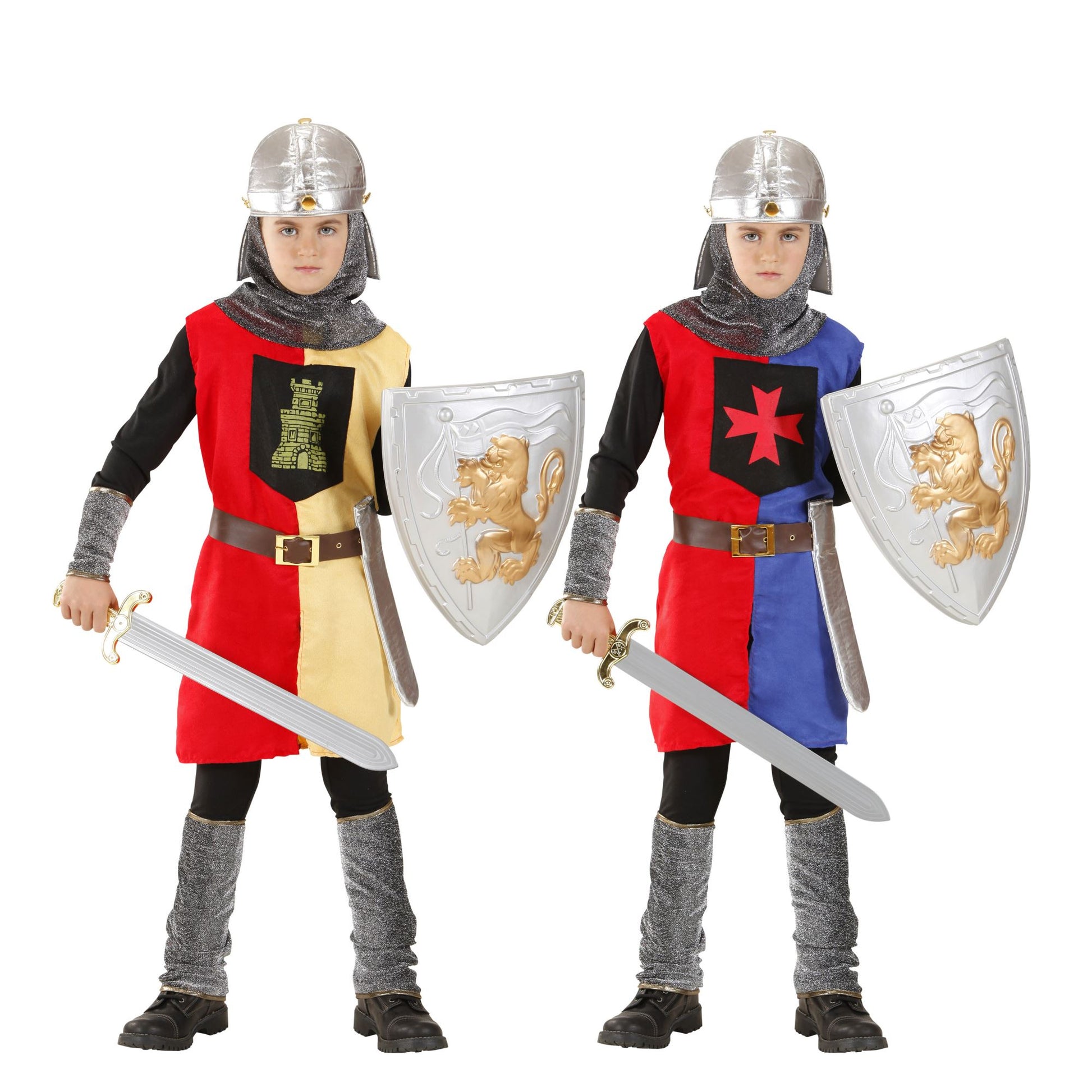 "MITTELALTERLICHE RITTER" in 2 Farben sort. - (Tunica, Gürtel mit Tasche, Helm) – Vorderansicht