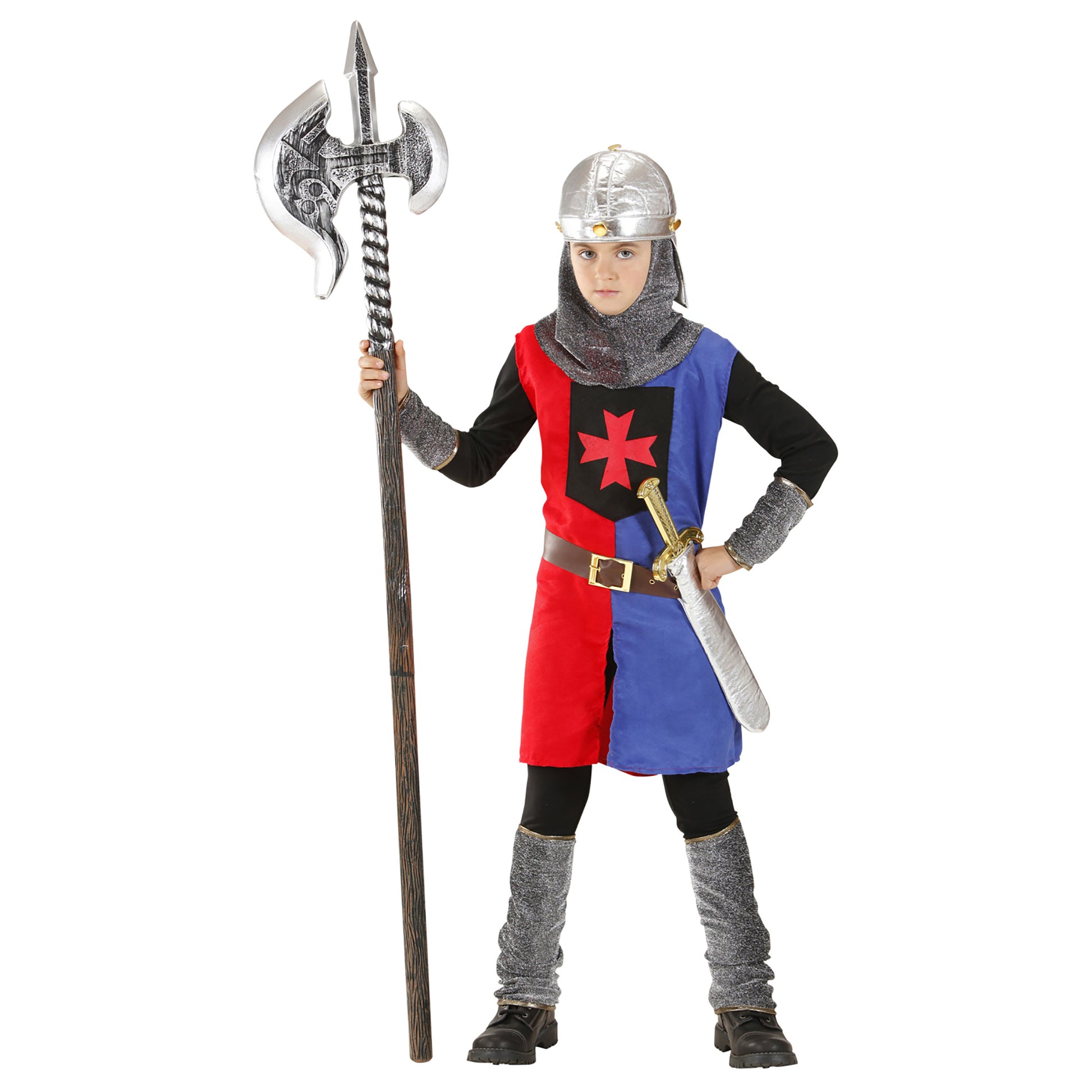 "MITTELALTERLICHE RITTER" in 2 Farben sort. - (Tunica, Gürtel mit Tasche, Helm) – Detailansicht