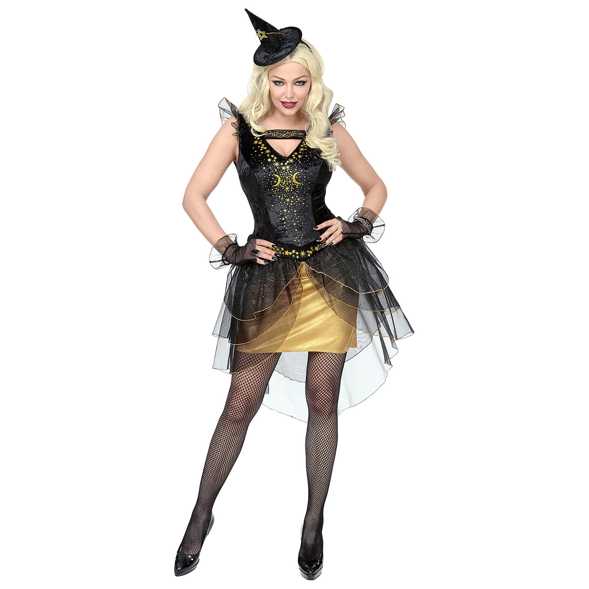 "MITTERNACHTSHEXE" (Kleid, Fingerlose Handschuhe, Minihut) – Vorderansicht