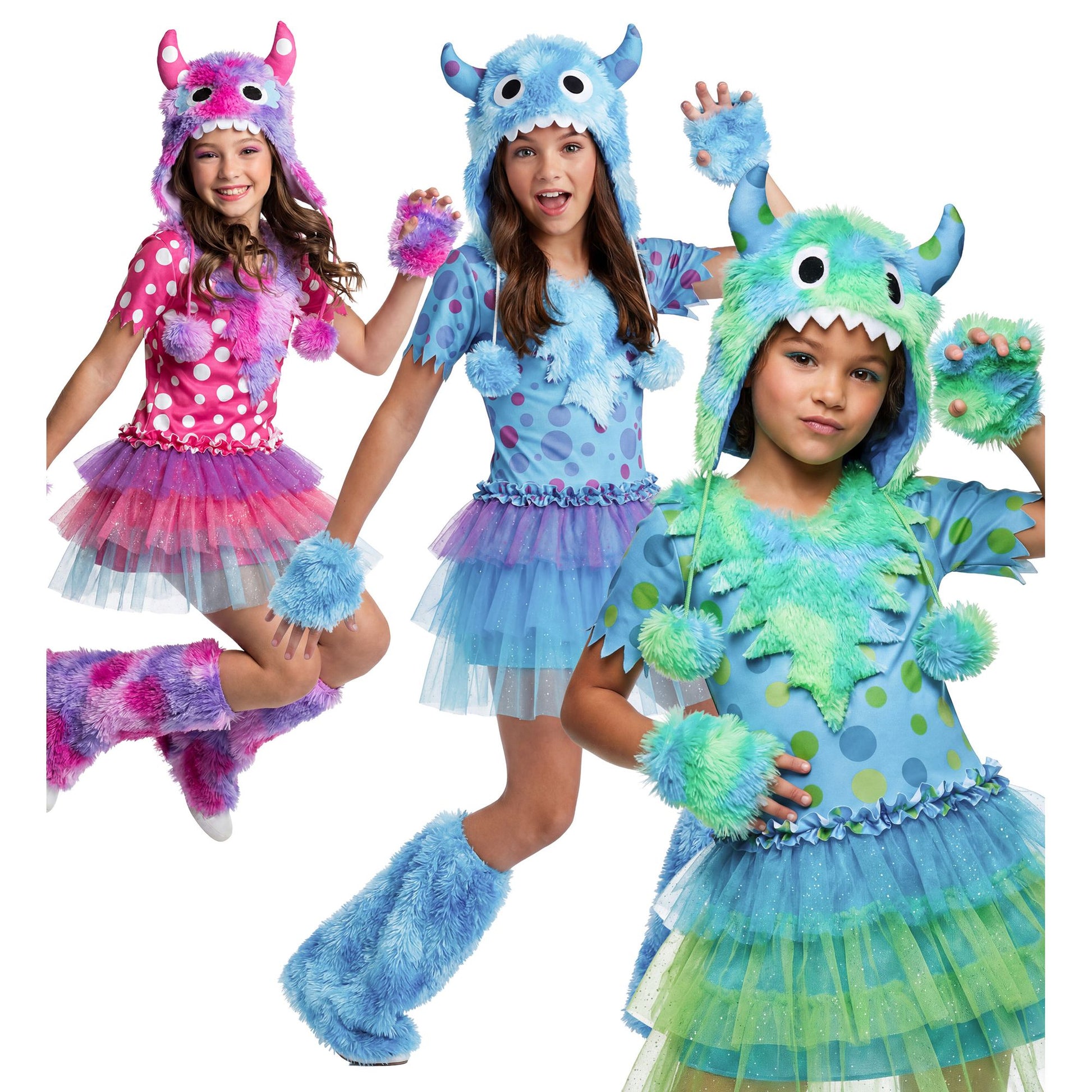 "MONSTER GIRL" (Kleid, Kopfbedeckung, Handschuhe, Schaefte) in 3 Farben sortiert – Vorderansicht
