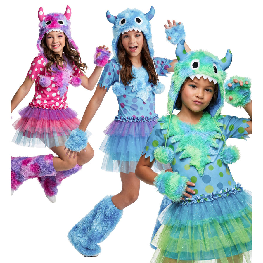 "MONSTER GIRL" (Kleid, Kopfbedeckung, Handschuhe, Schaefte) in 3 Farben sortiert – Vorderansicht