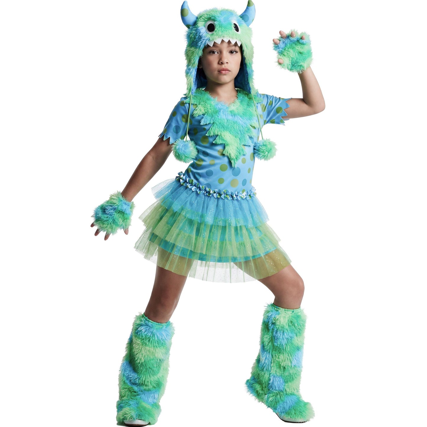 "MONSTER GIRL" (Kleid, Kopfbedeckung, Handschuhe, Schaefte) in 3 Farben sortiert – Detailansicht