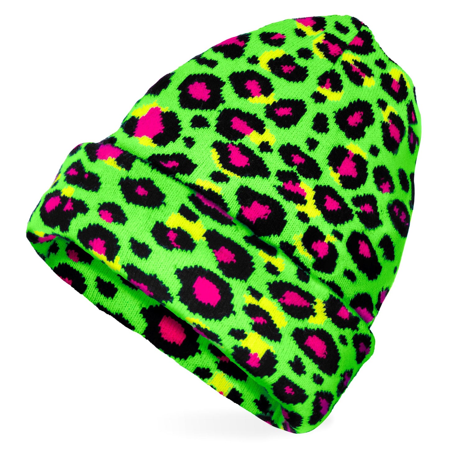 "MÜTZE BEANIE NEON GRÜNES LEOPARDENMUSTER" Wolloptik – Detailansicht