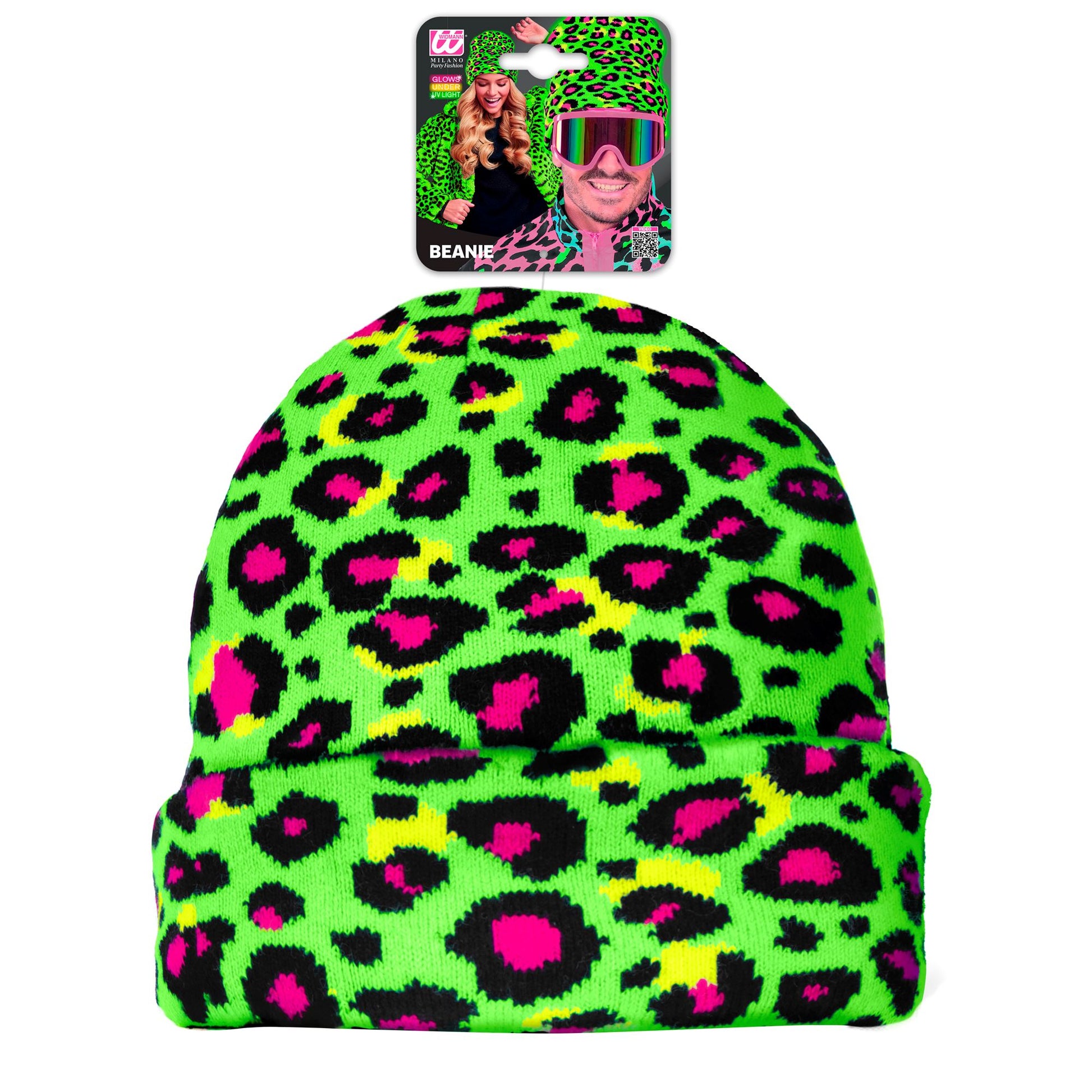 "MÜTZE BEANIE NEON GRÜNES LEOPARDENMUSTER" Wolloptik – Ansicht 3