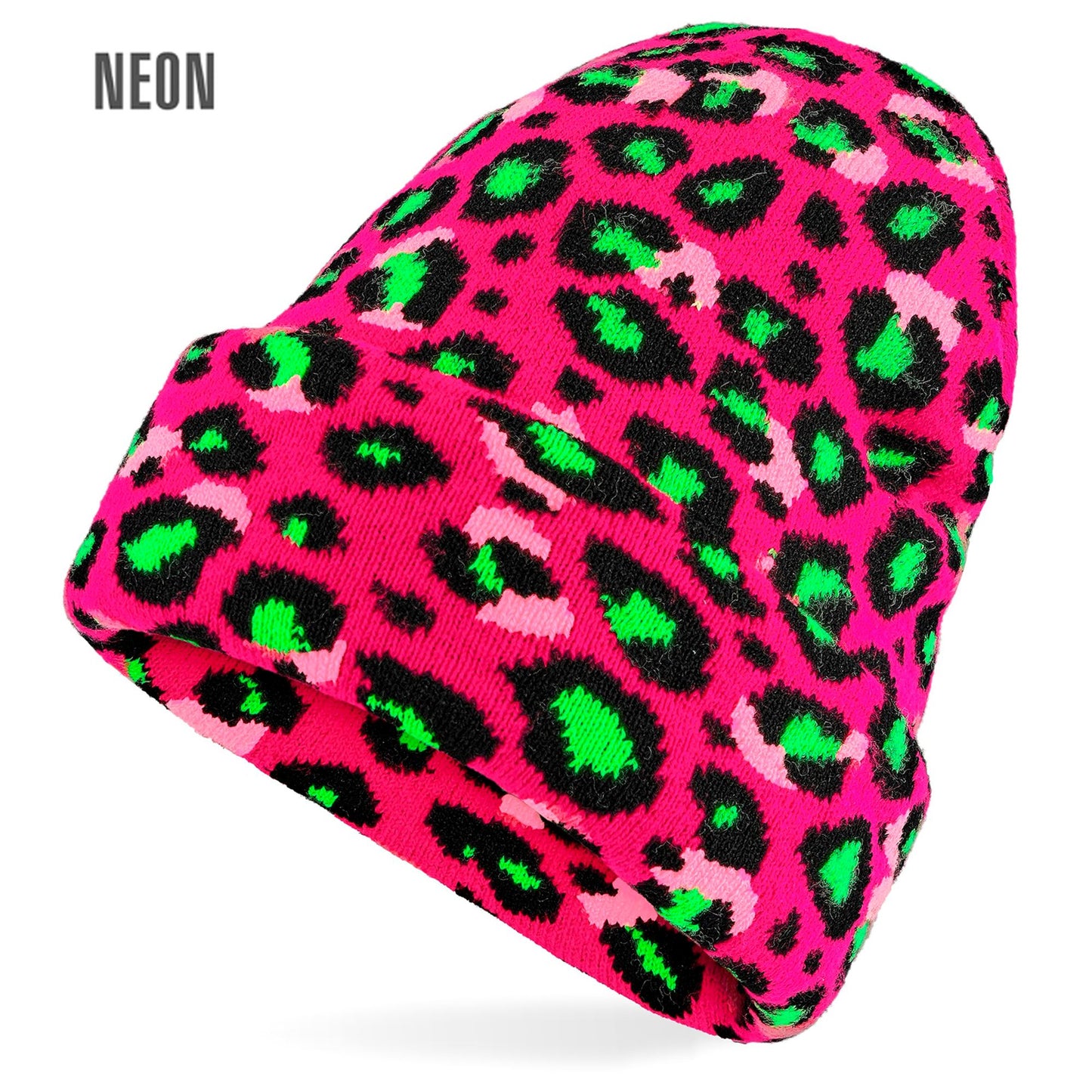 "MÜTZE BEANIE NEON PINKES LEOPARDENMUSTER" Wolloptik – Vorderansicht