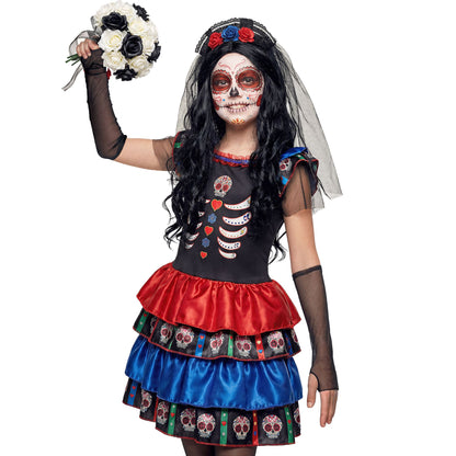 "MUJER DIA DE LOS MUERTOS" (Kleid, Armstulpen, Haarreif mit Schleier) – Vorderansicht