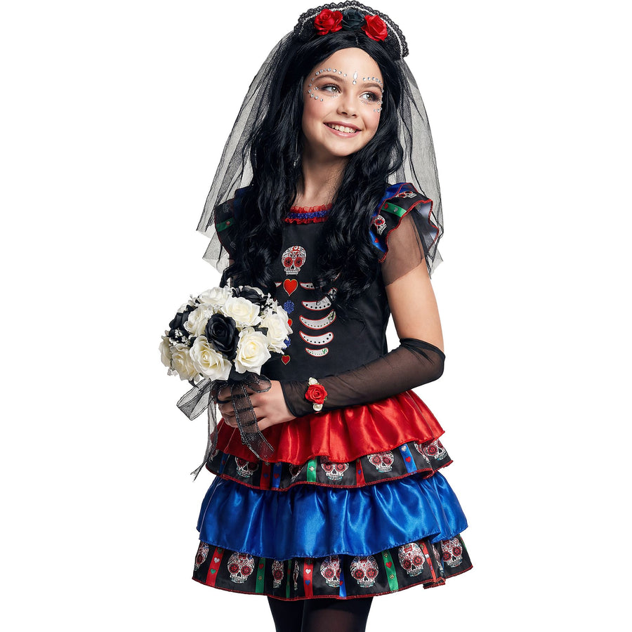 "MUJER DIA DE LOS MUERTOS" (Kleid, Armstulpen, Haarreif mit Schleier) – Detailansicht