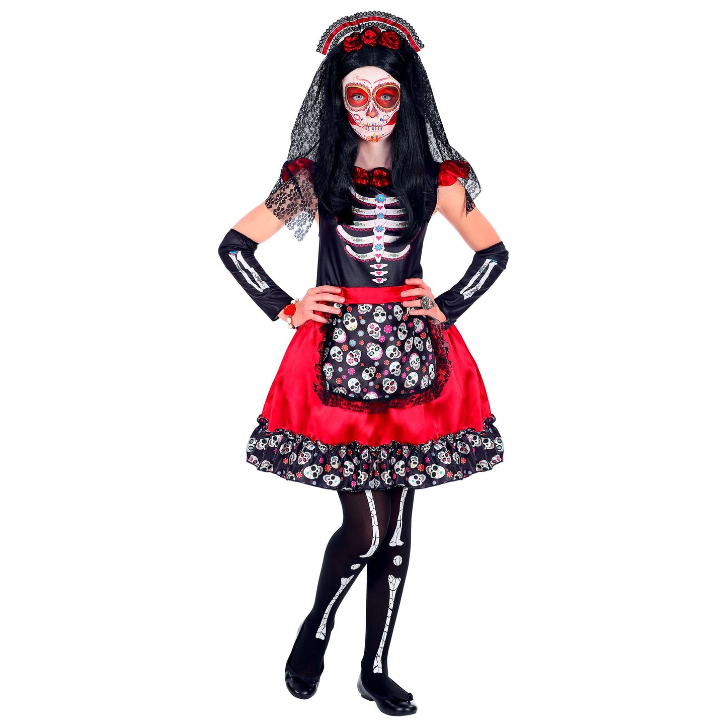 "MUJER DIA DE LOS MUERTOS" (Kleid, Armstulpen, Haarreif mit Schleier) – Vorderansicht
