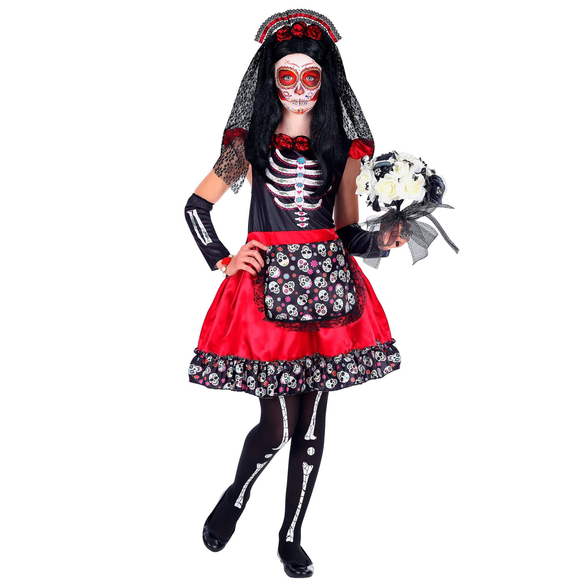 "MUJER DIA DE LOS MUERTOS" (Kleid, Armstulpen, Haarreif mit Schleier) – Detailansicht