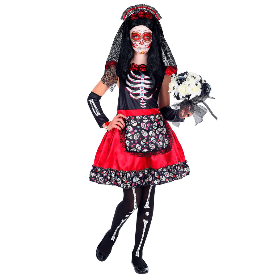 "MUJER DIA DE LOS MUERTOS" (Kleid, Armstulpen, Haarreif mit Schleier) – Detailansicht