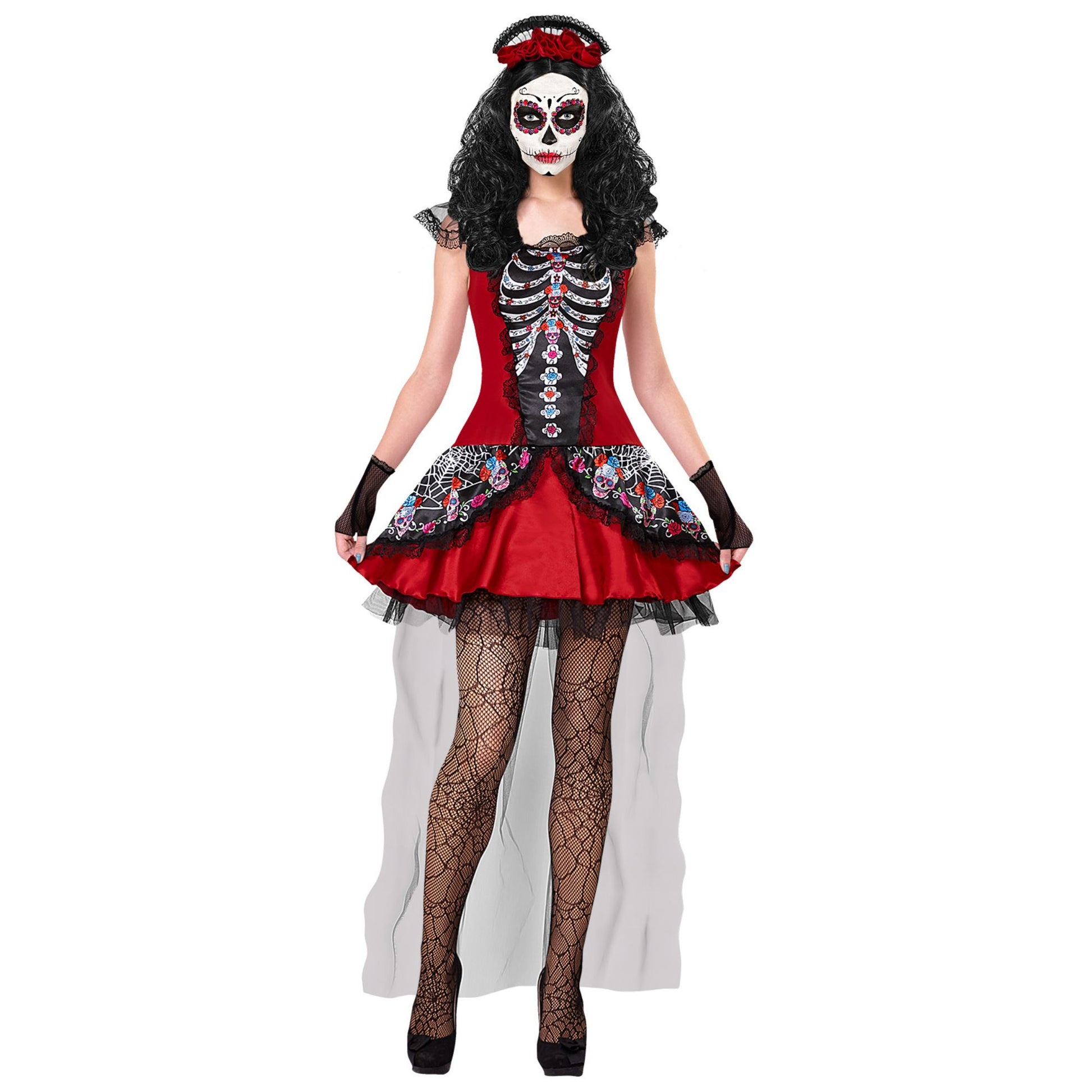 "MUJER DIA DE LOS MUERTOS" (Kleid, fingerlose Handschuhe, Kopfschmuck) – Vorderansicht
