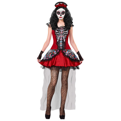 "MUJER DIA DE LOS MUERTOS" (Kleid, fingerlose Handschuhe, Kopfschmuck) – Vorderansicht