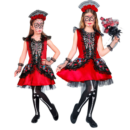 "MUJER DIA DE LOS MUERTOS" (Kleid, fingerlose Handschuhe, Kopfschmuck) – Vorderansicht
