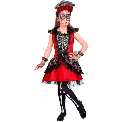 "MUJER DIA DE LOS MUERTOS" (Kleid, fingerlose Handschuhe, Kopfschmuck) – Detailansicht
