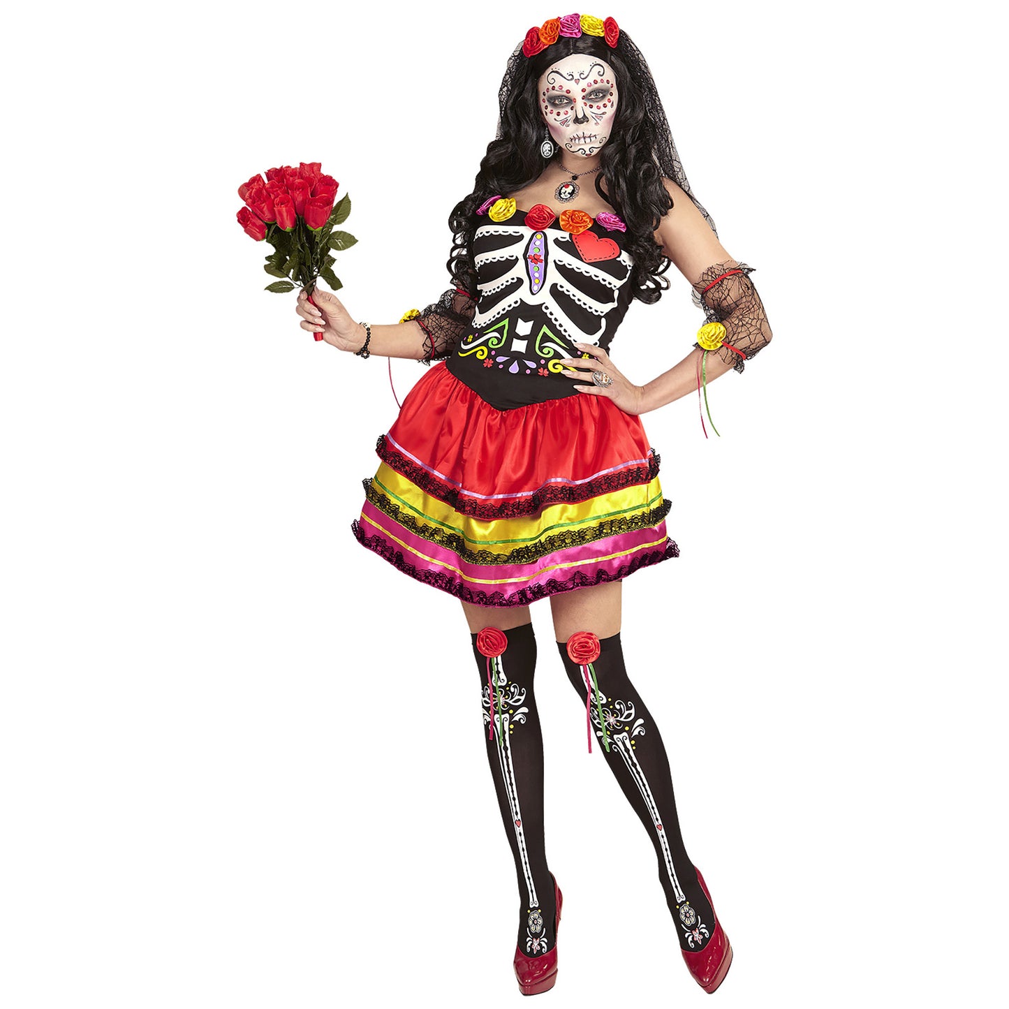 "MUJER DIA DE LOS MUERTOS" (Kleid,fingerlose Handschuhe, Überkniestrümpfe, Kopfschmuck mit Schleier) – Vorderansicht