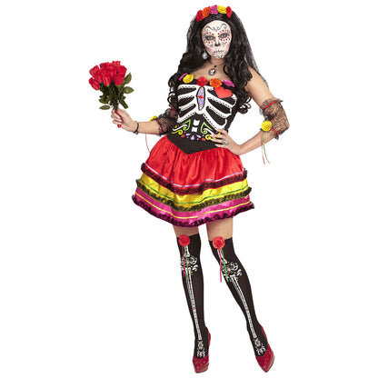 "MUJER DIA DE LOS MUERTOS" (Kleid,fingerlose Handschuhe, Überkniestrümpfe, Kopfschmuck mit Schleier) – Vorderansicht