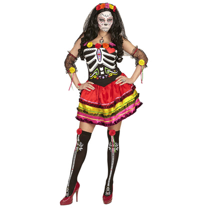 "MUJER DIA DE LOS MUERTOS" (Kleid,fingerlose Handschuhe, Überkniestrümpfe, Kopfschmuck mit Schleier) – Detailansicht