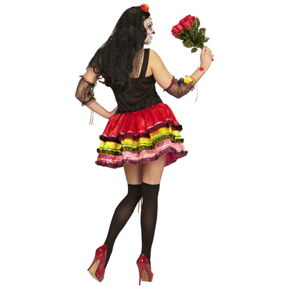 "MUJER DIA DE LOS MUERTOS" (Kleid,fingerlose Handschuhe, Überkniestrümpfe, Kopfschmuck mit Schleier) – Ansicht 3