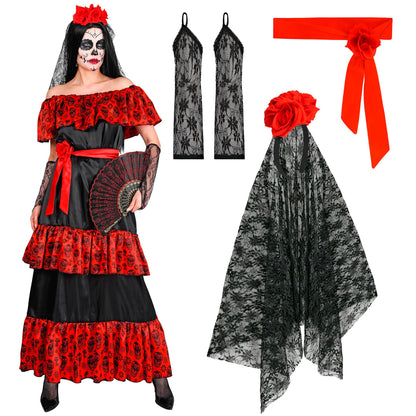"MUJER DIA DE LOS MUERTOS" (Kleid, Rosengürtel, fingerlose Handschuhe, Schleier mit Blumen) – Detailansicht