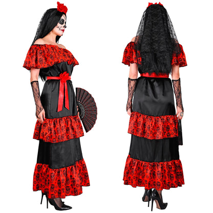 "MUJER DIA DE LOS MUERTOS" (Kleid, Rosengürtel, fingerlose Handschuhe, Schleier mit Blumen) – Ansicht 3