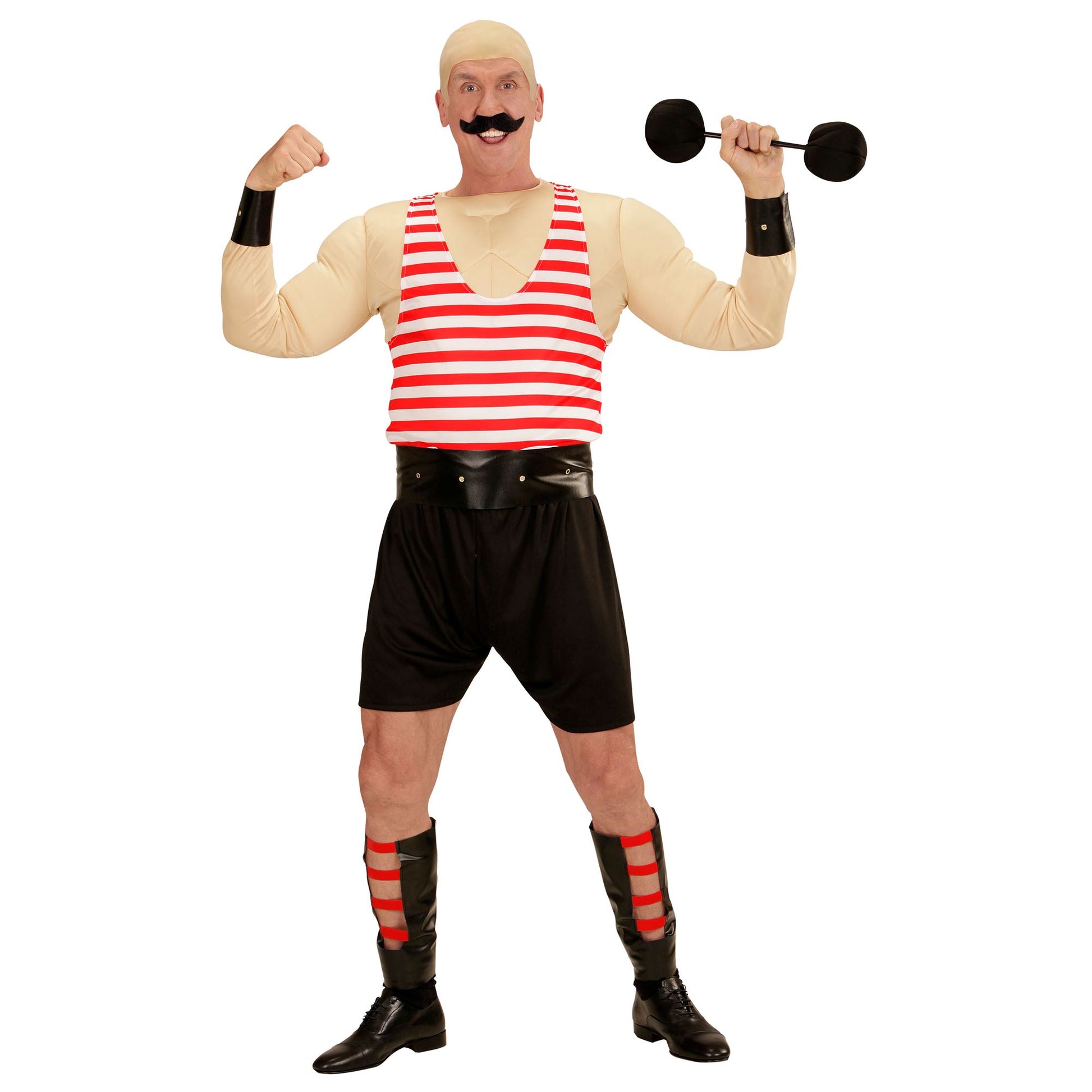 "MUSKELMANN" (Muskelshirt, Unterhemd, Shorts, Gürtel, Armschoner, Beinschoner, Hanteln) – Vorderansicht