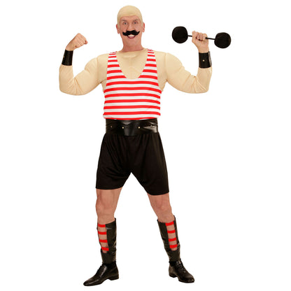 "MUSKELMANN" (Muskelshirt, Unterhemd, Shorts, Gürtel, Armschoner, Beinschoner, Hanteln) – Vorderansicht