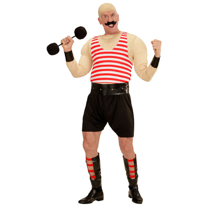 "MUSKELMANN" (Muskelshirt, Unterhemd, Shorts, Gürtel, Armschoner, Beinschoner, Hanteln) – Detailansicht