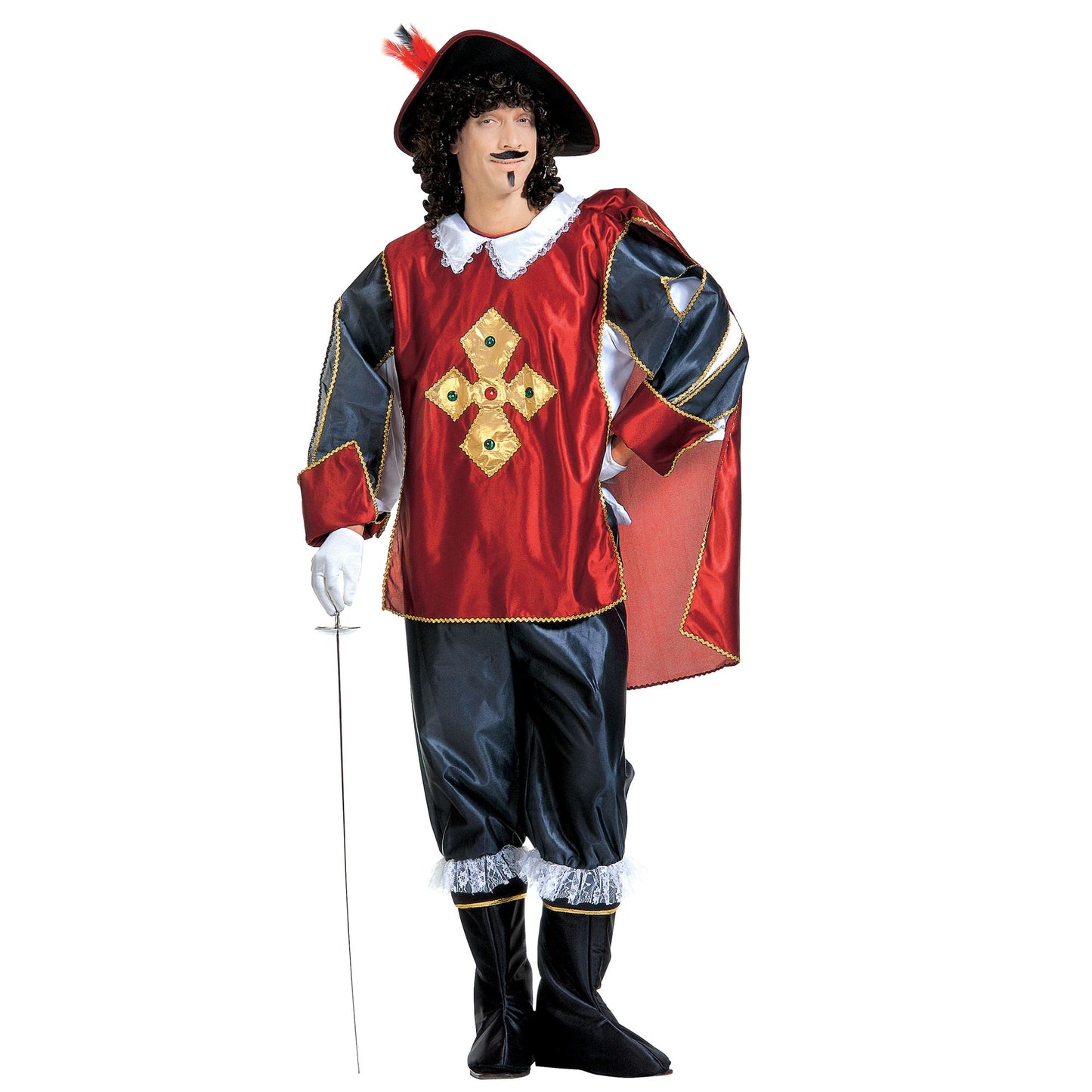 "MUSKETIER" (Kasack mit Edelsteinen, Umhang, Hose mit Stiefelüberziehern, Hut mit Feder) – Vorderansicht
