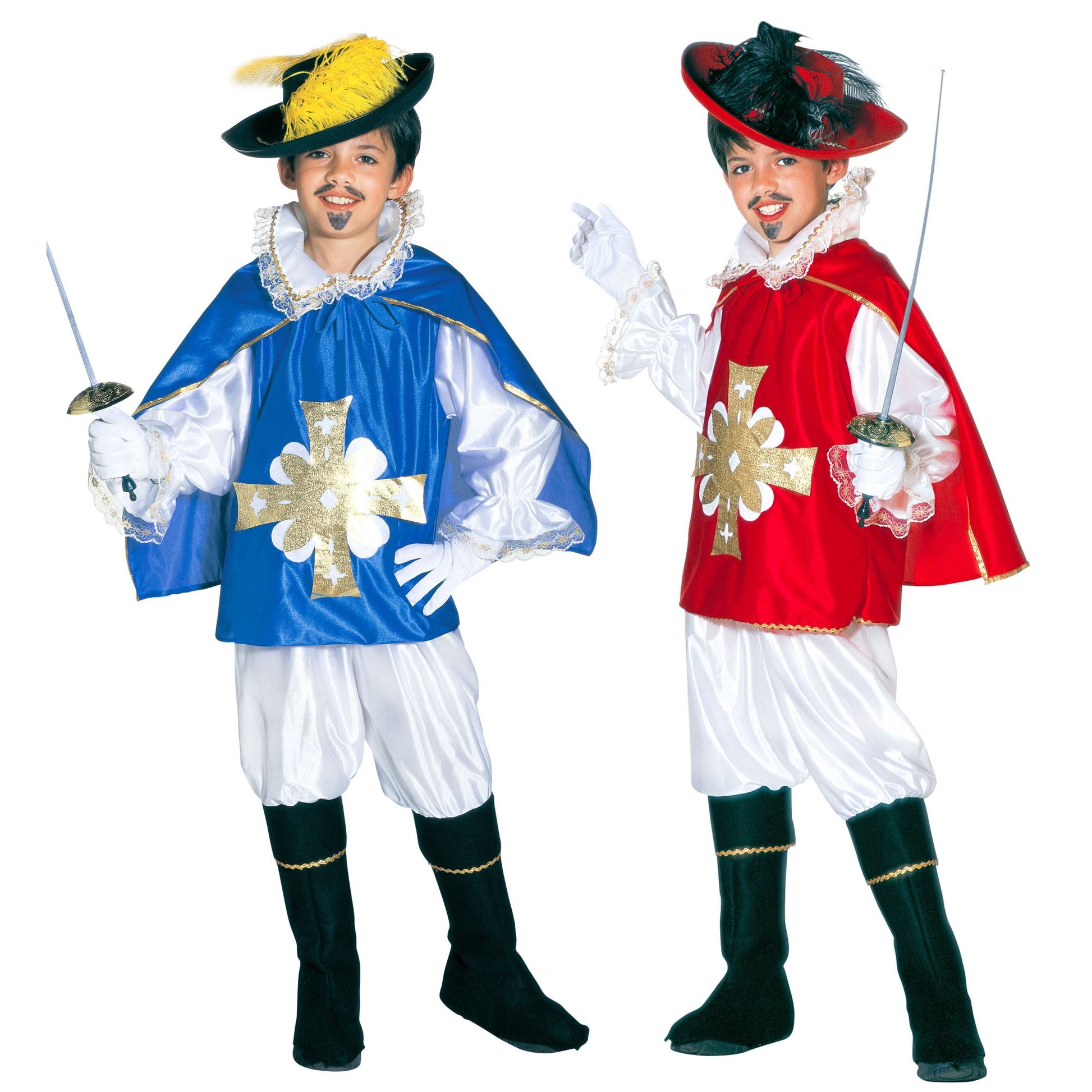 "MUSKETIER" sort. in 2 Farben (Hemd mit Coat, Hose, Überstiefel, Umhang) – Vorderansicht