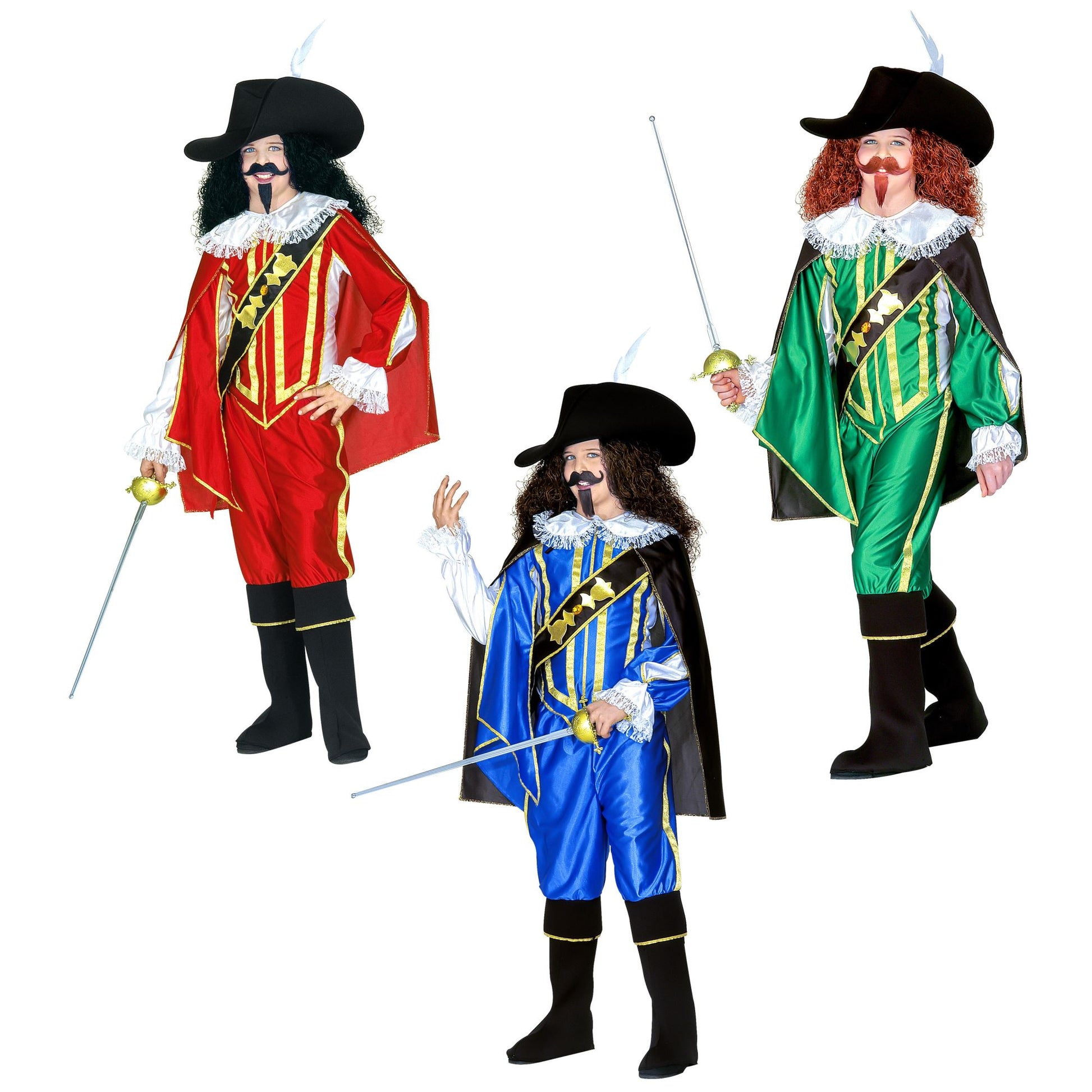 "MUSKETIER" sort. in 3 Farben (Hemd mit Coat, Hose, Überstiefel, Umhang, Hut) – Vorderansicht