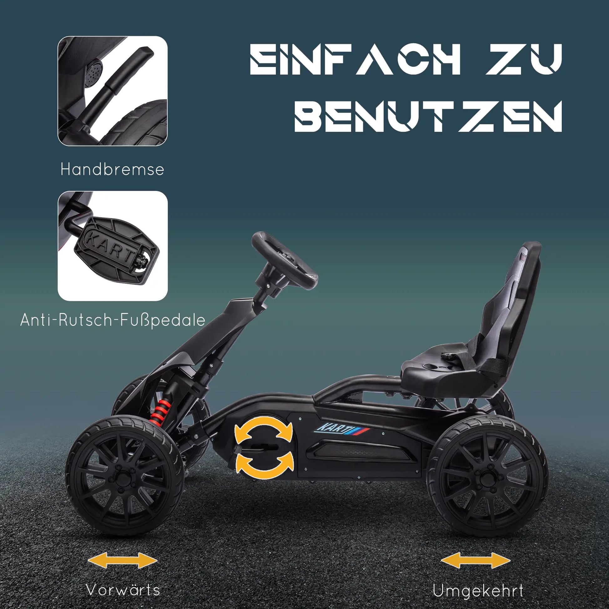 Schwarzes Kinder-Go-Kart mit verstellbarem Sitz, Pedalen und Handbremse für 3-8 Jahre.