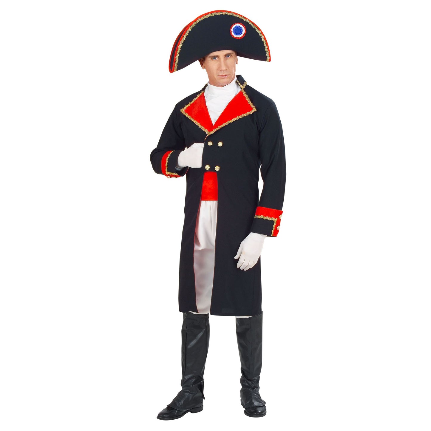 Widmann Napoleon Bonaparte Kostüm Set mit Jacke, Jabot, Hose, Gürtel, Stiefelüberzieher und Hut – Produktansicht