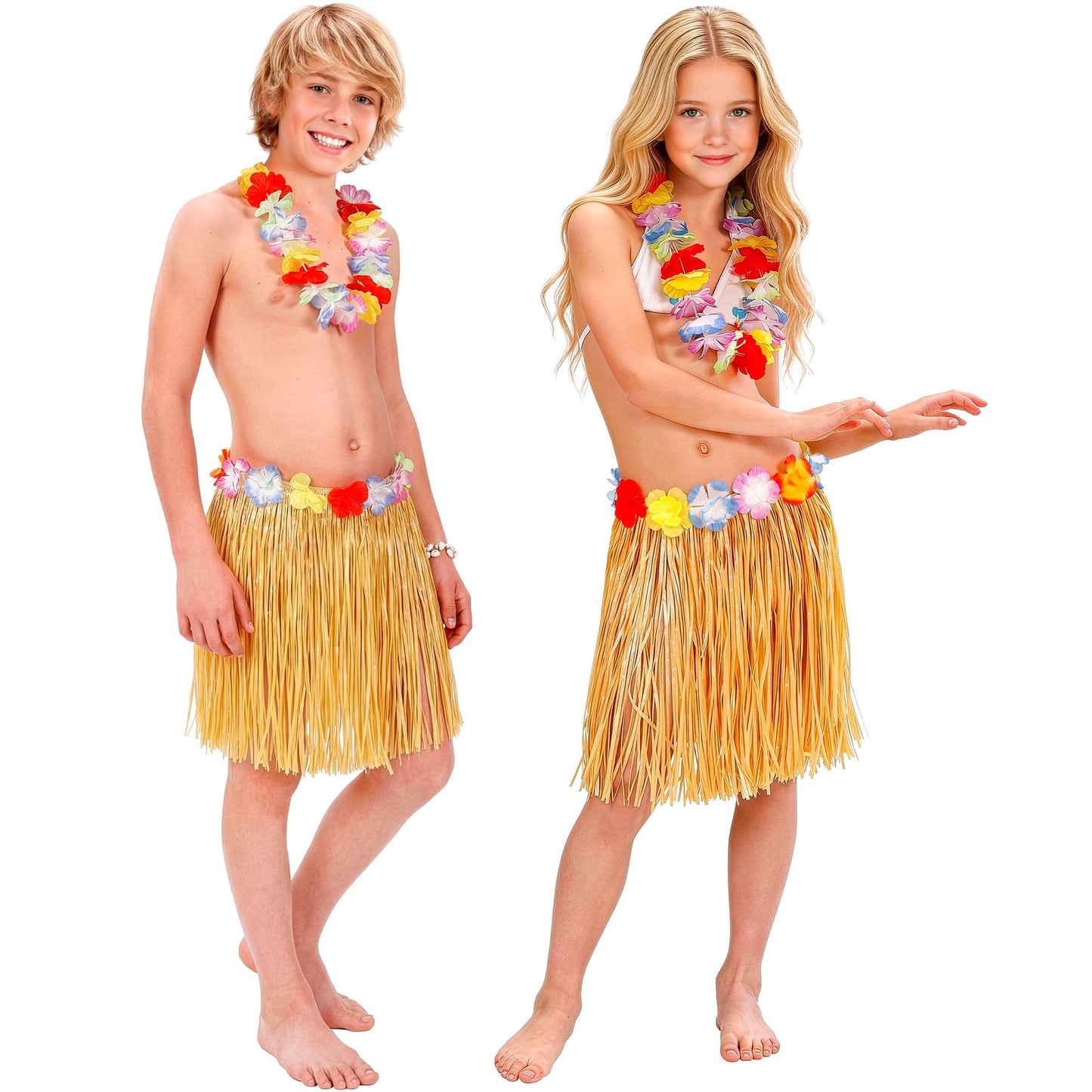 "NATURFARBENER HAWAII BASTROCK MIT BLUMENGÜRTEL" 40 cm für Kinder – Vorderansicht